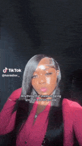 a woman with long black hair is taking a selfie with a caption that says anything that involves being around a lot of people