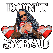 a man in an american flag scarf is hugging a heart with the words " do n't sybau "