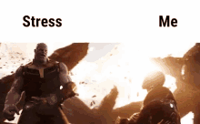 thanos from avengers infinity war is standing in the middle of a battle with a bunch of people .