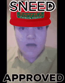 a person wearing a red hat that says sneed approved on it