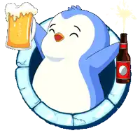 a penguin is holding a mug of beer and a bottle of soda