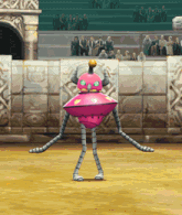 a pink robot with horns and a heart on its head stands in front of a crowd