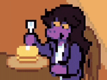 a pixel art illustration of a woman holding a spoon and a hamburger .