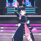 a girl in a blue and pink dress is dancing on a stage with a city in the background