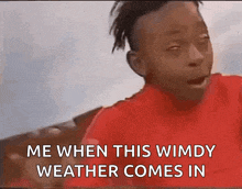 a young boy in a red shirt says " me when this windy weather comes in "