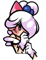 a cartoon drawing of a girl with purple hair and blueberries in her hair