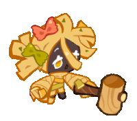 a cartoon character is holding a wooden hammer and wearing a mummy costume .