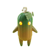 a green pumpkin with yellow eyes and a leaf on top of it