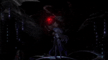 a girl stands in front of a giant robot with a red eye in the dark