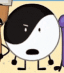 a black and white yin yang ball with arms and legs .