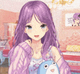 a girl with purple hair is holding a blue stuffed animal