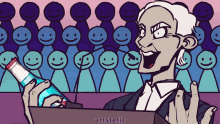 a cartoon of a man holding a bottle of soda with a crowd of people behind him with smiley faces