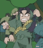 a cartoon of a man with a scarf around his neck making a face