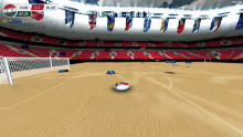 a soccer game is being played in a stadium and the score is 0-3 to blue