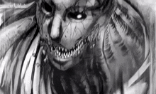 a black and white drawing of a monster with chinese writing on the bottom left