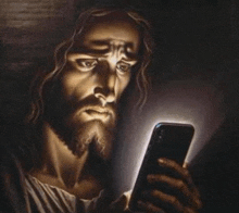 a painting of jesus looking at a cell phone with a sad look on his face