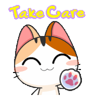 a cartoon cat with a paw and the words take care behind it