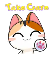 a cartoon cat with a paw and the words take care behind it