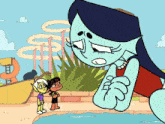 a cartoon drawing of a girl standing next to a pool