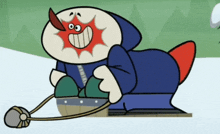 a cartoon character is pulling a sled with a red nose