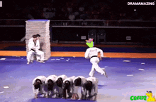 a group of karate fighters on a blue mat with the words dramamazing written on the bottom