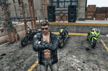a man with his arms crossed stands in a parking lot with motorcycles