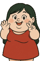 a cartoon woman in a red dress giving a peace sign