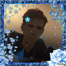 a picture of a man with a blue flower in his hair is surrounded by blue flowers and a blue rose