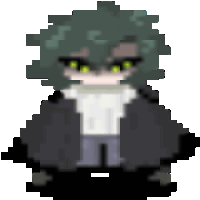 a pixel art of a girl with green eyes and a black jacket .