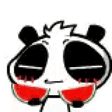 a black and white panda bear with red eyes is smiling and eating watermelon .