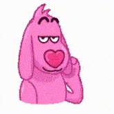 a pink cartoon dog with a heart in his mouth is giving a thumbs up .