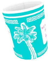 a cup with a palm tree on it and the word we on the bottom