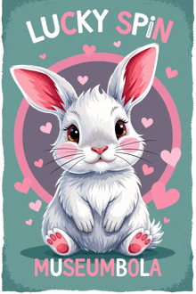 an illustration of a white rabbit with the words lucky spin museumbola