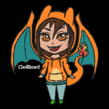 a drawing of a girl wearing a hoodie that looks like a chellizard