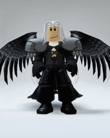 a cartoon character with black wings and white hair