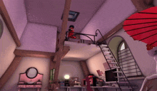 a ladybug sits on a balcony in a room