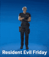 a poster for resident evil friday shows a man with a gun