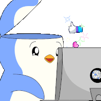 a cartoon penguin looking at a computer screen