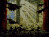 a painting of the sun shining through trees in a forest