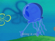 a blue jellyfish from spongebob squarepants is standing on a grassy hill