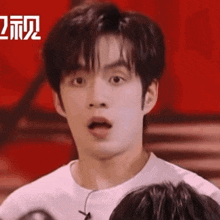 a close up of a person 's face with chinese writing in the background
