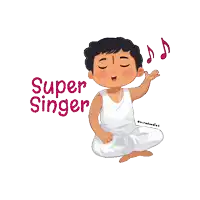 a cartoon illustration of a boy singing with the words super singer above him