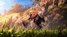 a person in a cape is running through a grassy field