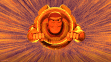buzz lightyear from toy story is flying through the air with an orange background