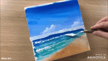 a painting of a beach with the words wow art on the bottom