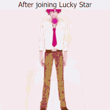 a drawing of a man with pink hair and the words after joining lucky star