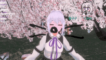 a girl with a purple ribbon around her neck stands in front of a tree with flowers
