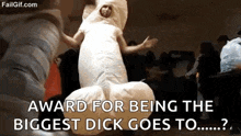 a man in an inflatable penis costume is dancing in a room .