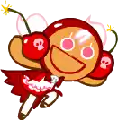a cherry cookie from cookie run is wearing a cape and holding a cherry .