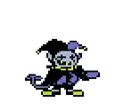 a pixel art of a cartoon character with a jester hat and a tail .
